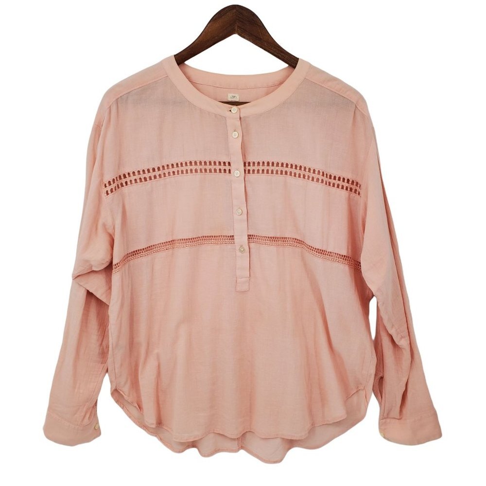 Ann Taylor LOFT Womens Henley‎ Blouse Top M Pink Long Sleeve The Softened Shirt